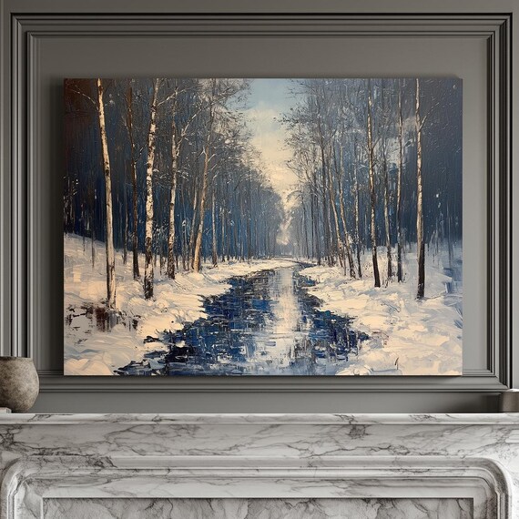 Dark River Winding Through Winter Birch Woods Under Pale Morning Light Poster