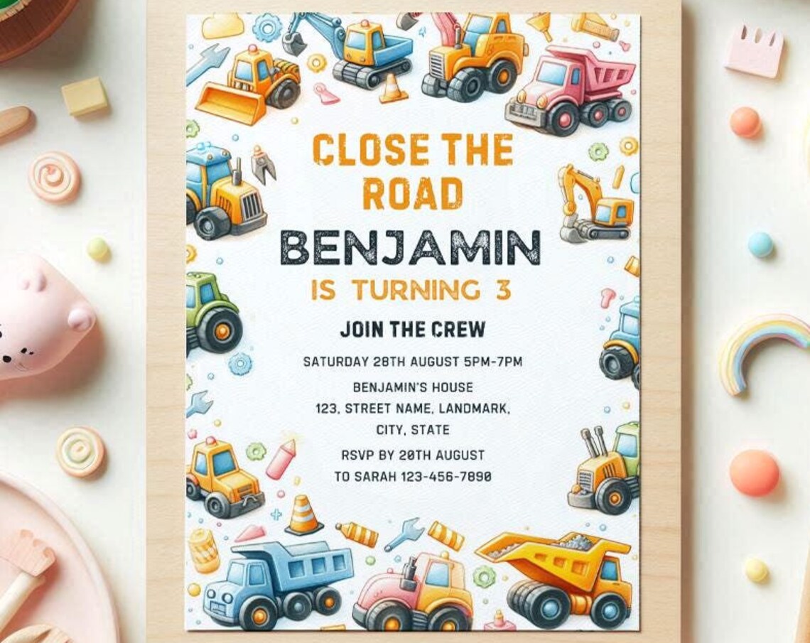 Benjamin Is Turning 3 Construction Truck Birthday Invitation Print