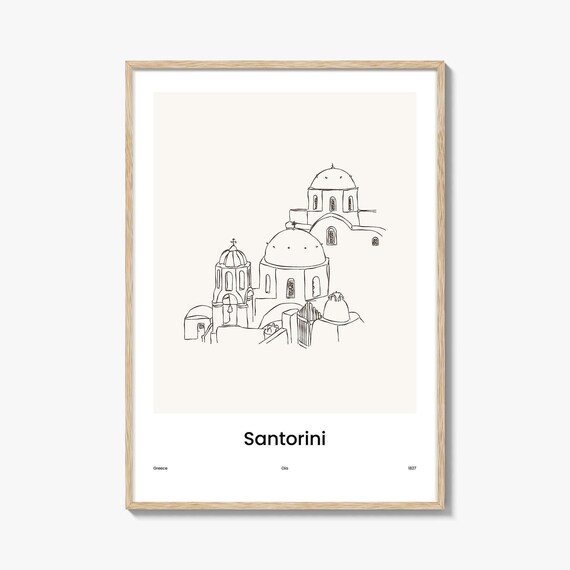 Santorini Greece Oia Domed Churches One Line Travel Art Poster