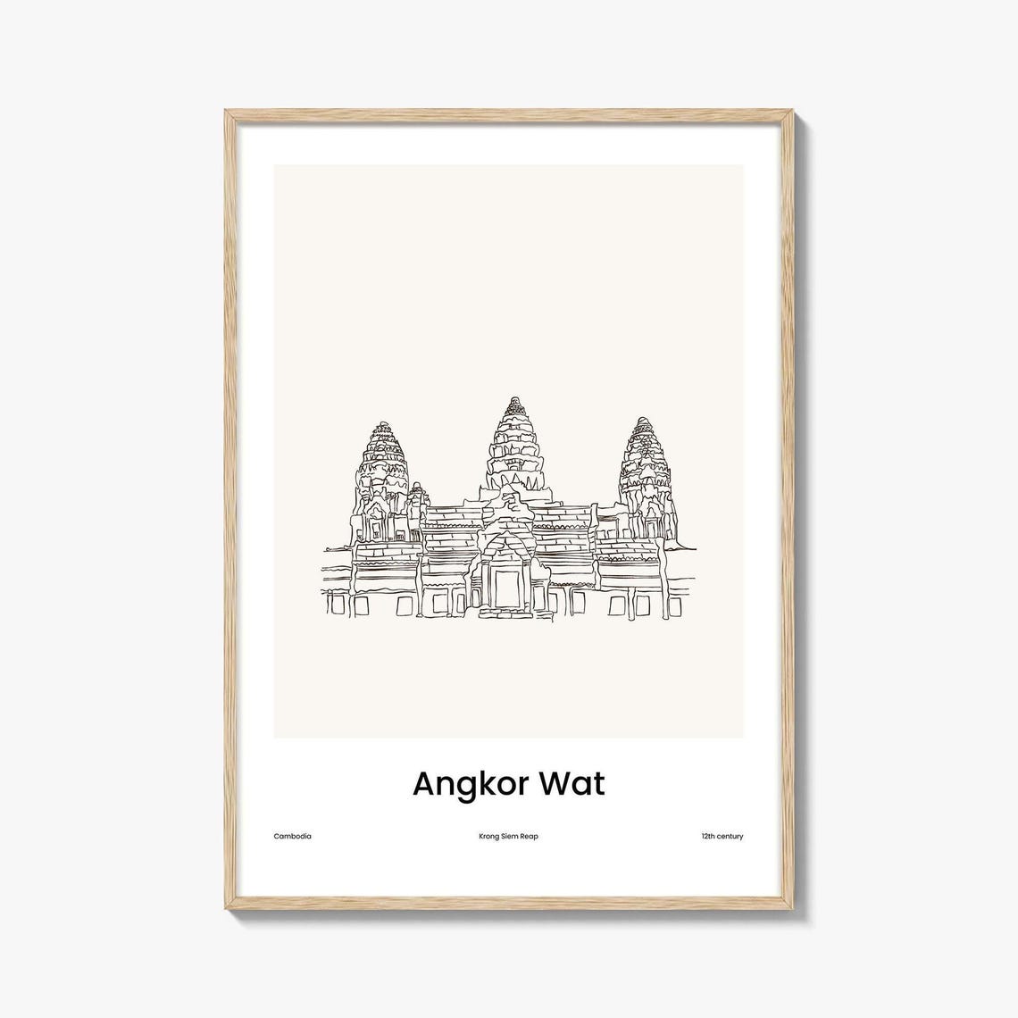 Angkor Wat Cambodia Temple Minimalist Line Drawing Travel Poster