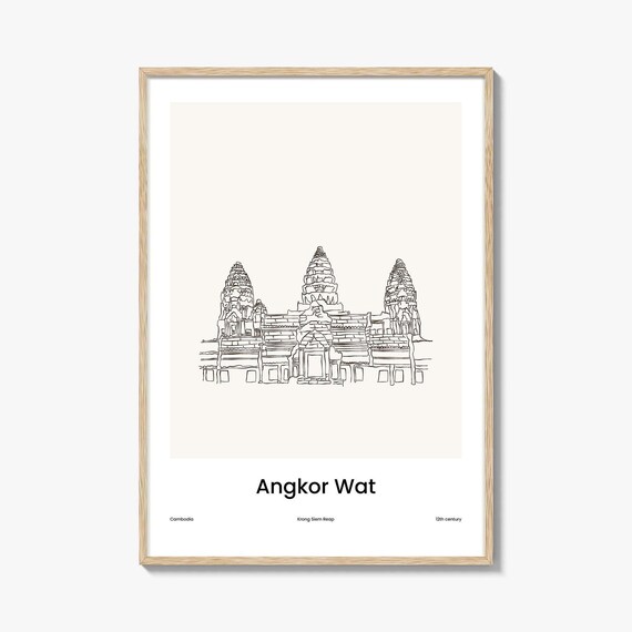 Angkor Wat Cambodia Temple Minimalist Line Drawing Travel Poster