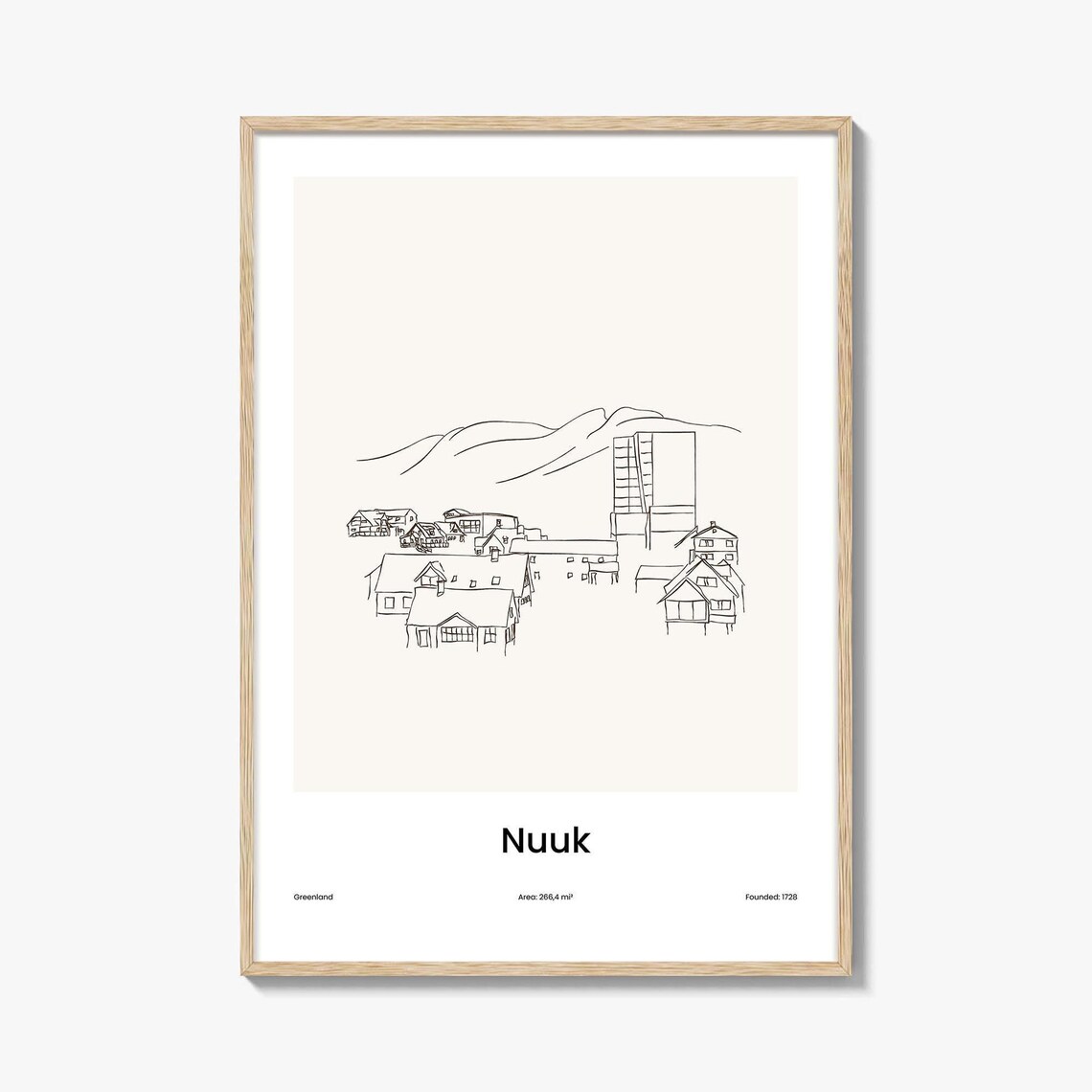 Nuuk Greenland Arctic Mountain Town Minimalist Line Drawing Poster