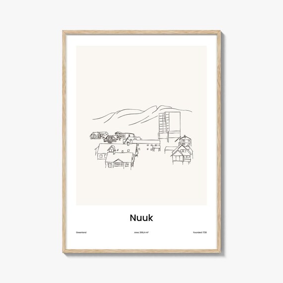 Nuuk Greenland Arctic Mountain Town Minimalist Line Drawing Poster