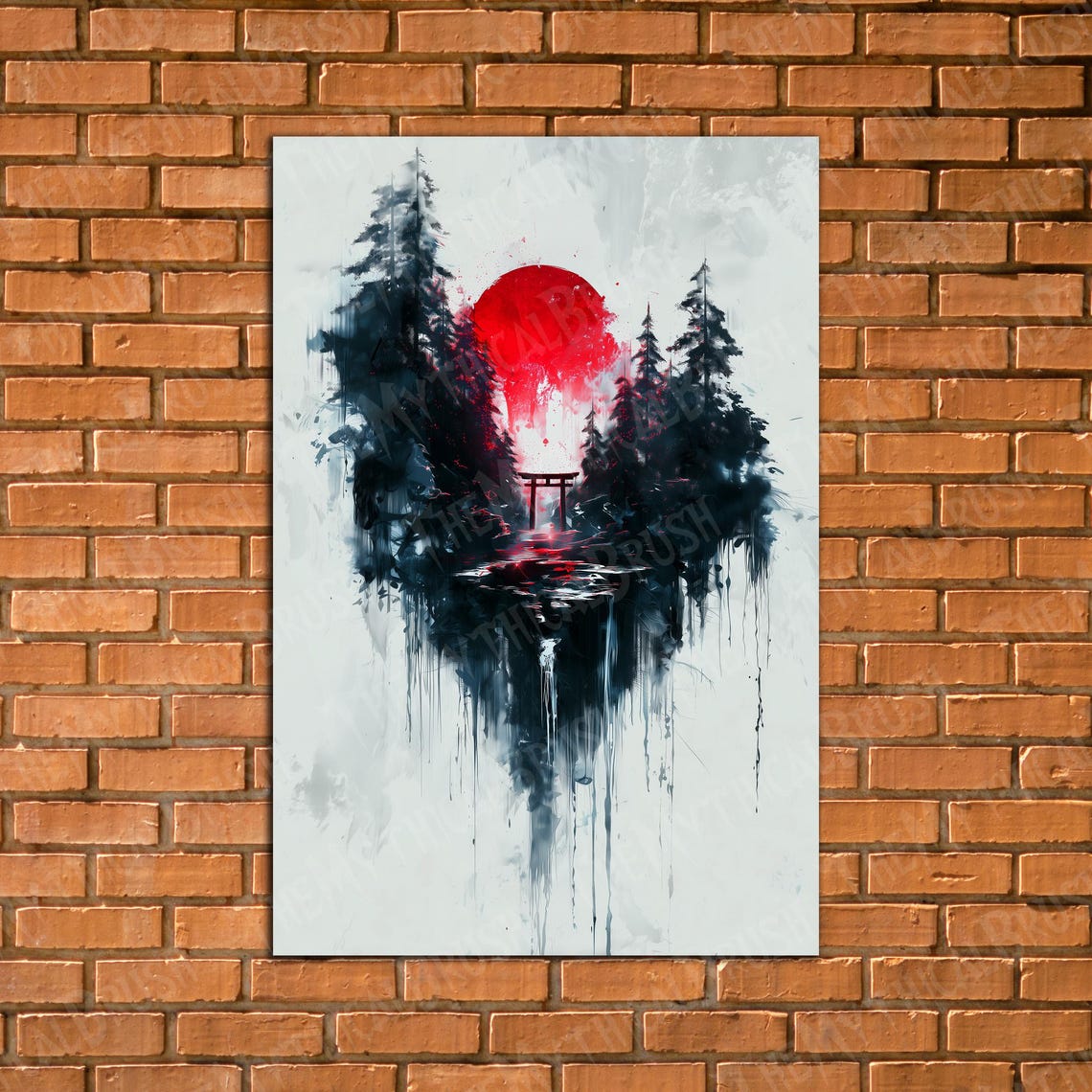 Red Sun Torii Gate Pine Forest Dripping Ink Japanese Art Poster