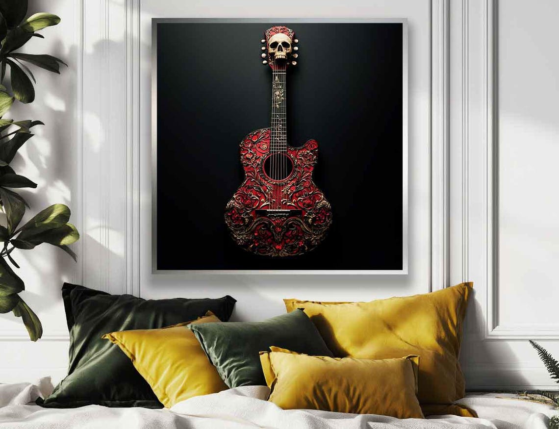 Guitar Wall Art Skull Red Guitar Wall Decor Guitar Wall Print Vintage Guitar Poster Musician Gift Idea - Image 4