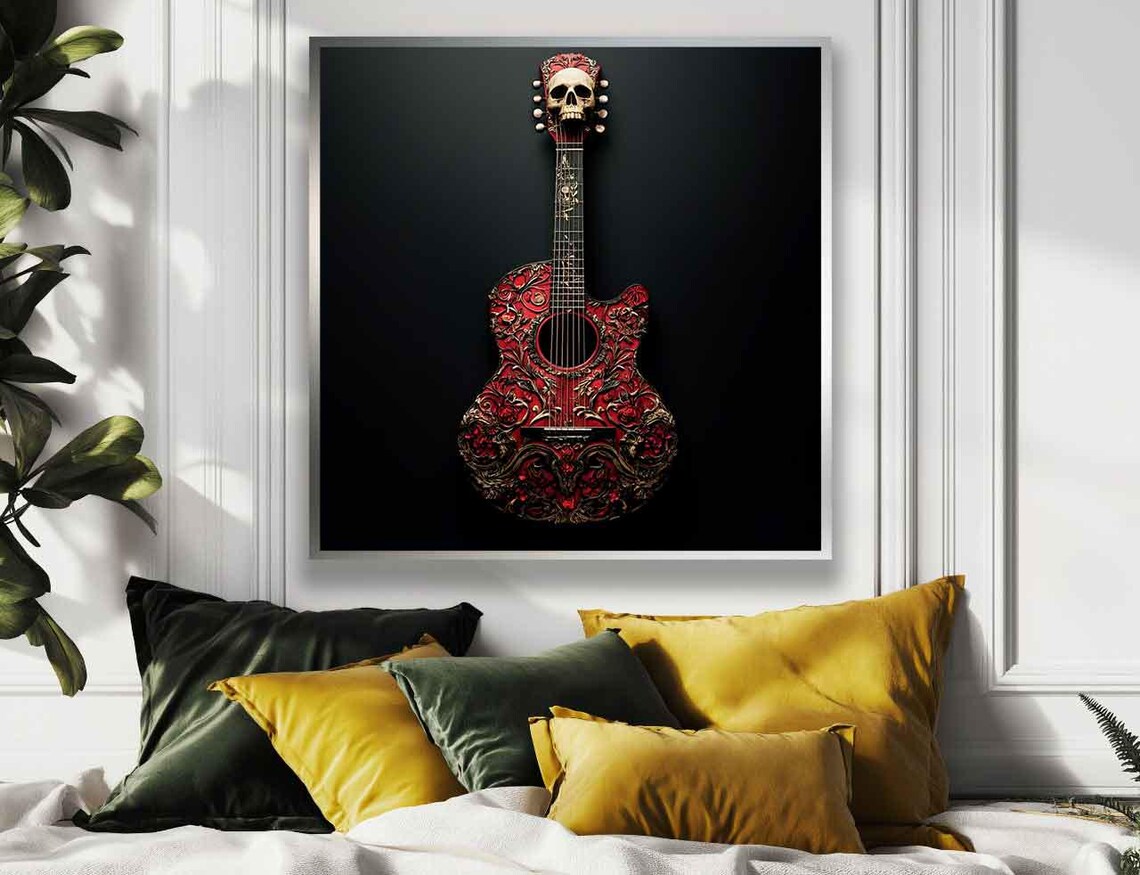 Red Ornate Acoustic Guitar with Skull Headstock Dark Detail Poster - Image 4