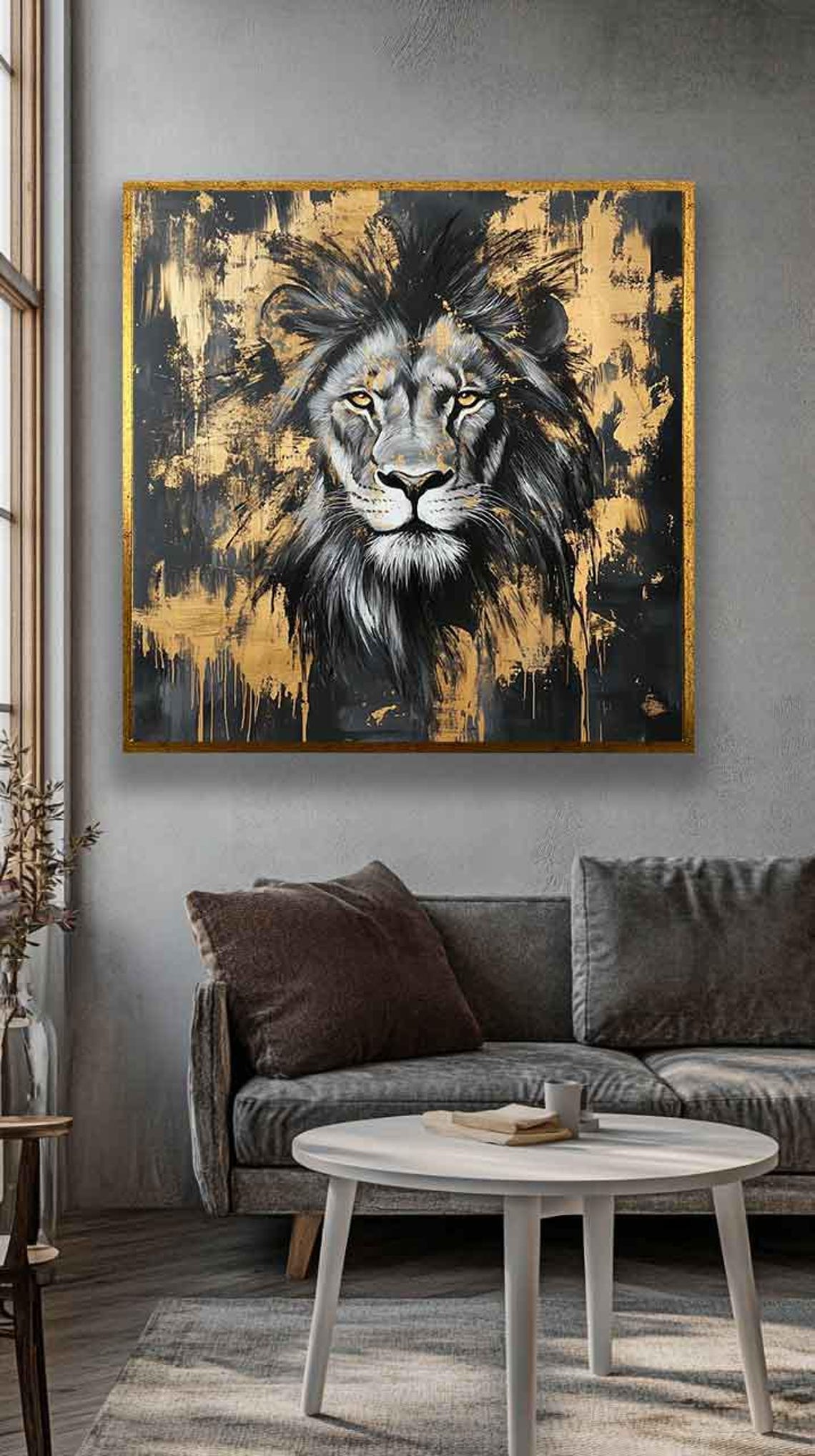 Lion Painting Gold And Black Lion Portrait Modern Lion Painting Wildlife Art King Lion Print Minimalist Safari Wall Art - Image 3