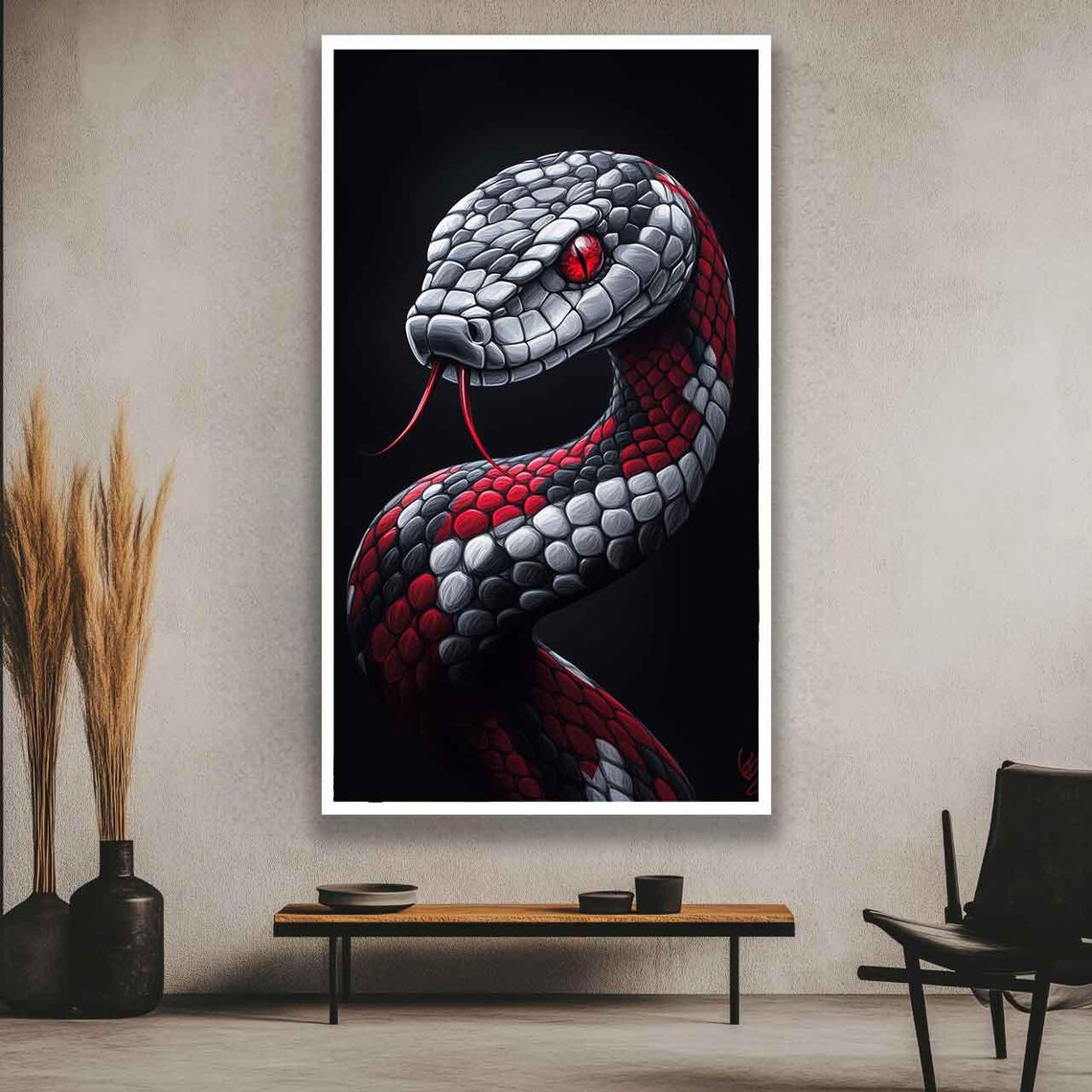 Red Eyed Black and Red Snake Coiled Portrait on Black Art Poster - Image 3