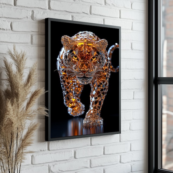 Crystal Diamond Big Cat Portrait Amber Faceted Wildlife Art Poster