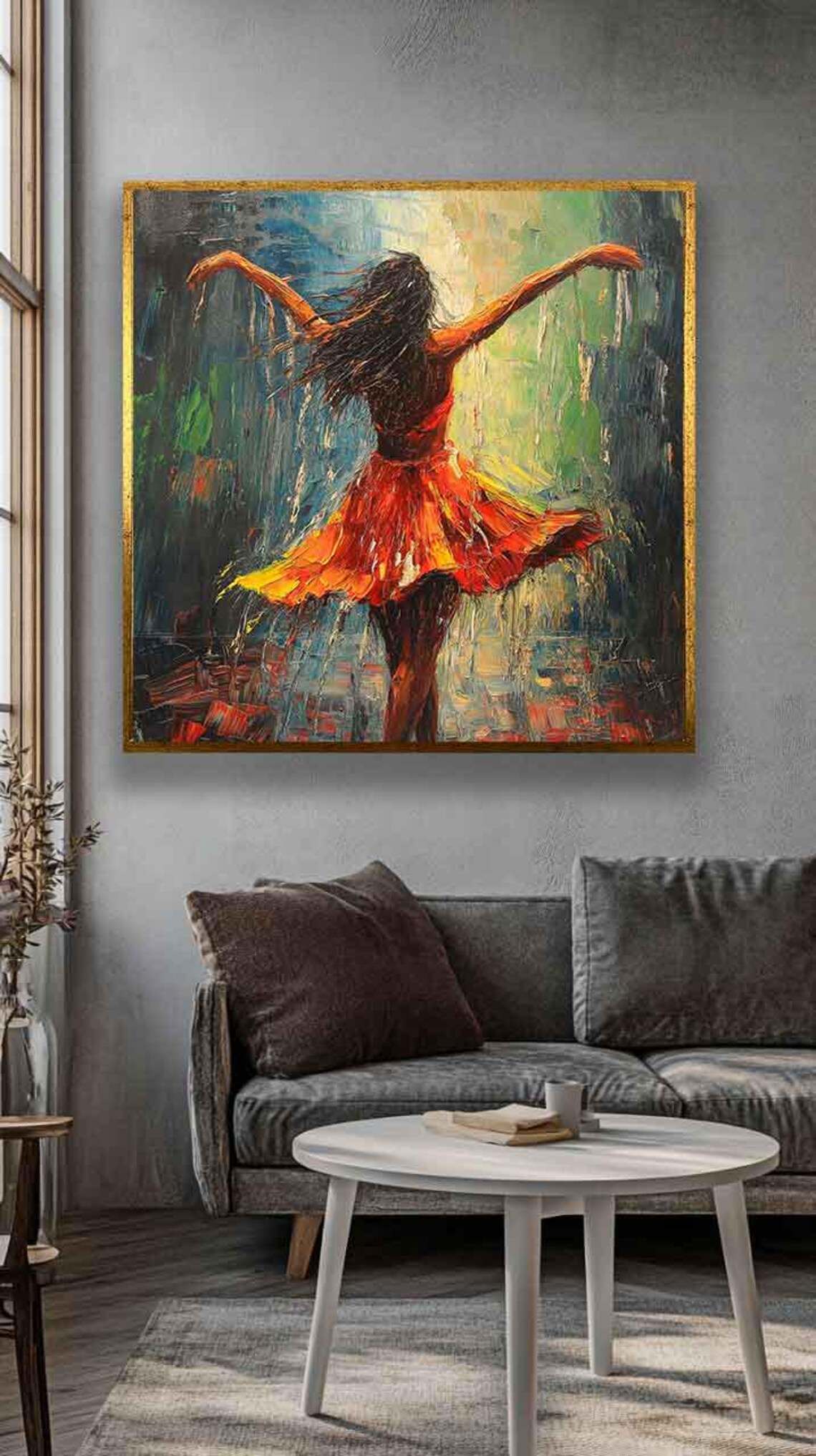 Woman Dancing In Rain Joyful Orange Dress Freedom Wall Poster - Image 2