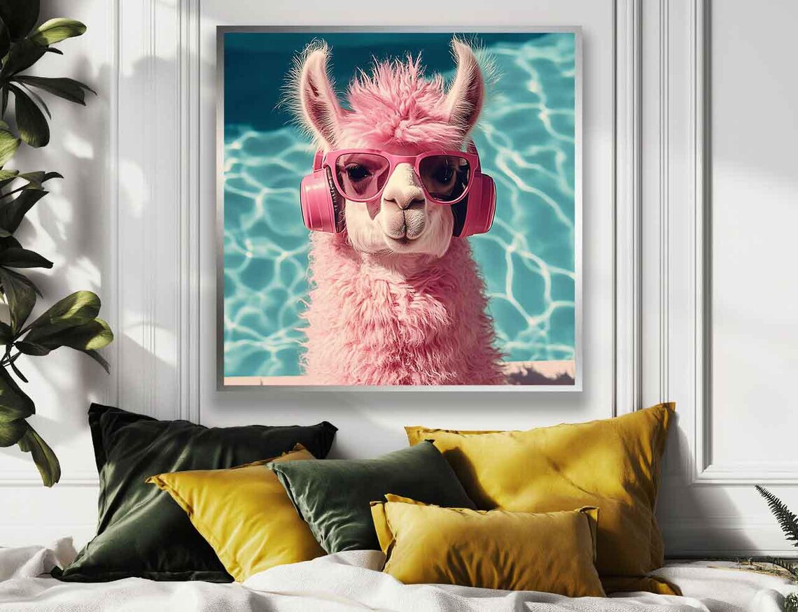 Fluffy Pink Llama in Pink Headphones and Sunglasses by the Pool Poster - Image 4