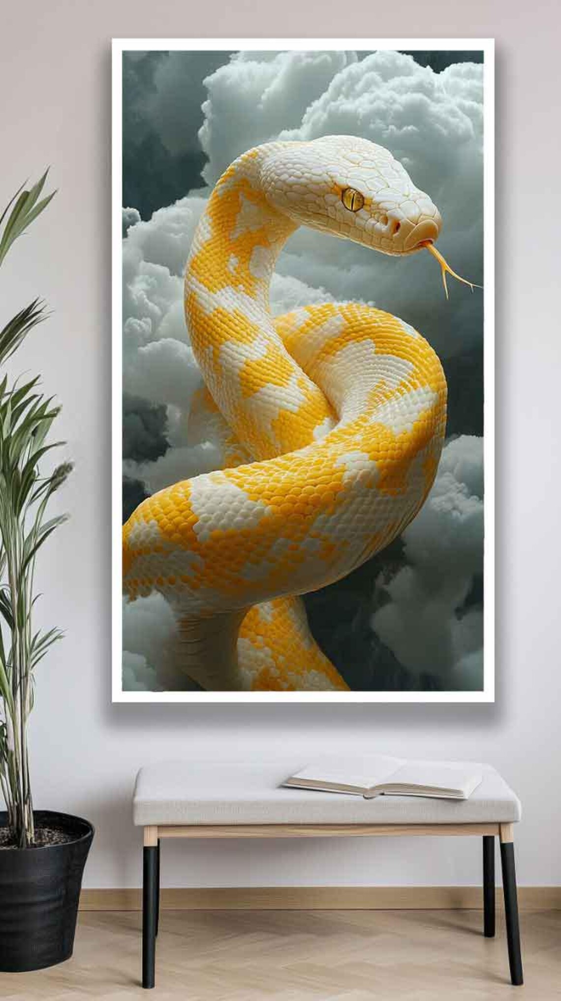 Albino Yellow and White Snake Coiled Gracefully in the Clouds Poster - Image 3