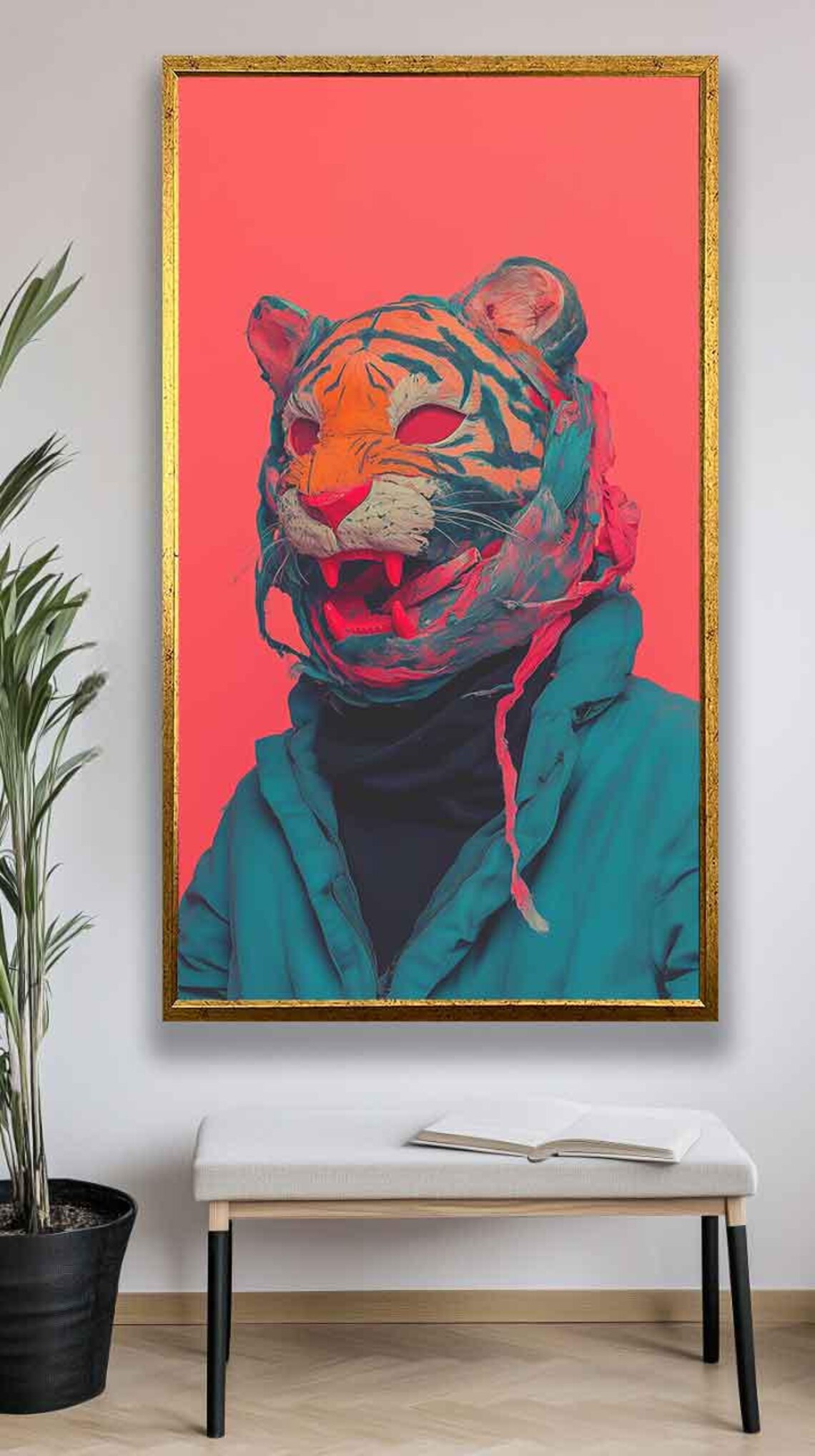 Neon Pop Art Tiger Wearing a Jacket on a Bold Red Background Poster - Image 5