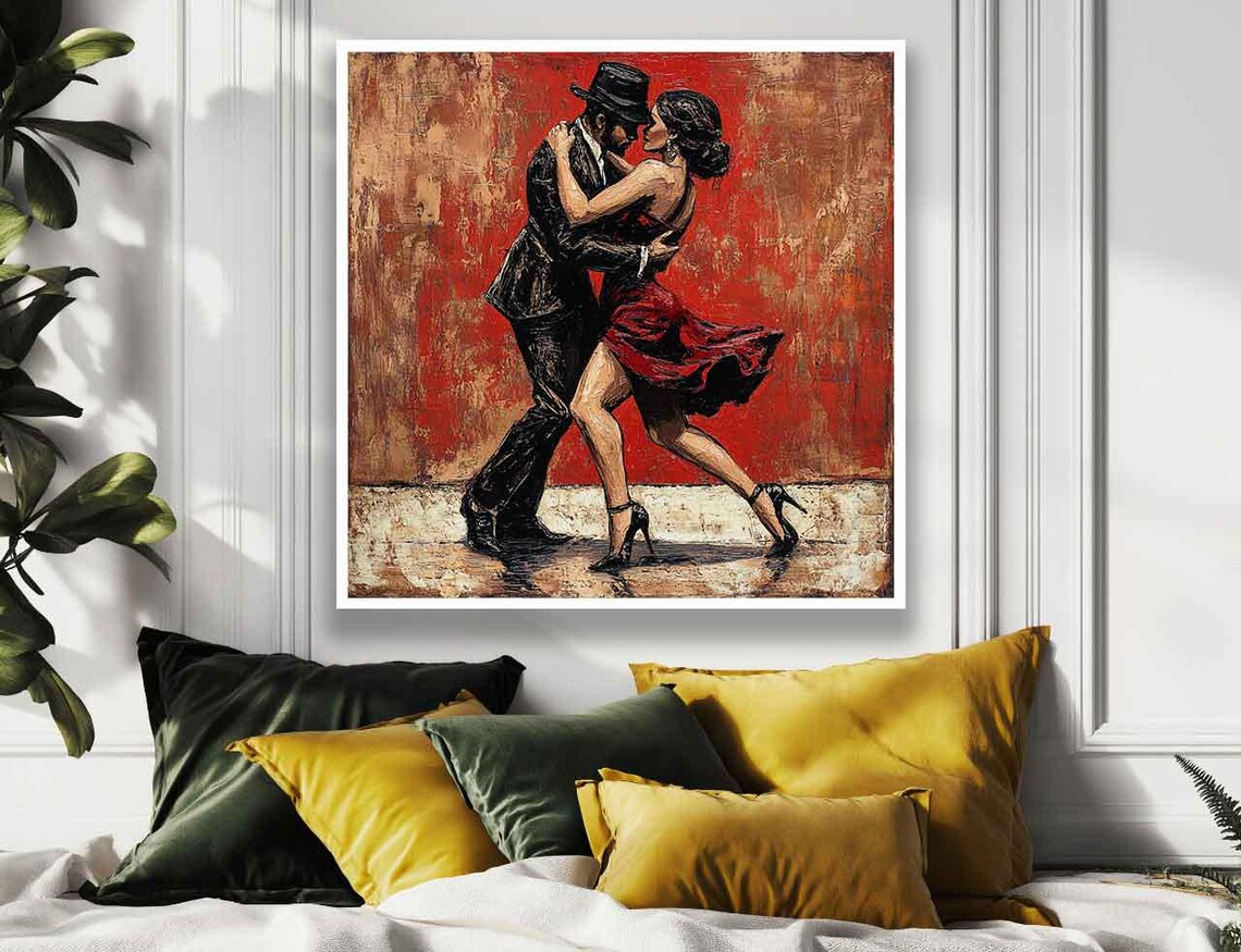 Tango Dance Couple Embracing Before Textured Crimson Wall Poster - Image 3
