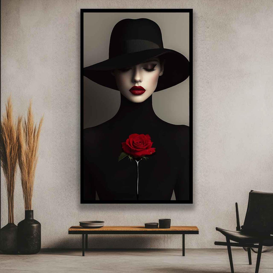 Woman Painting Woman In Black Dress Holding Red Rose Portrait Modern Fashion Wall Art Mysterious Lady With Rose Print - Image 3