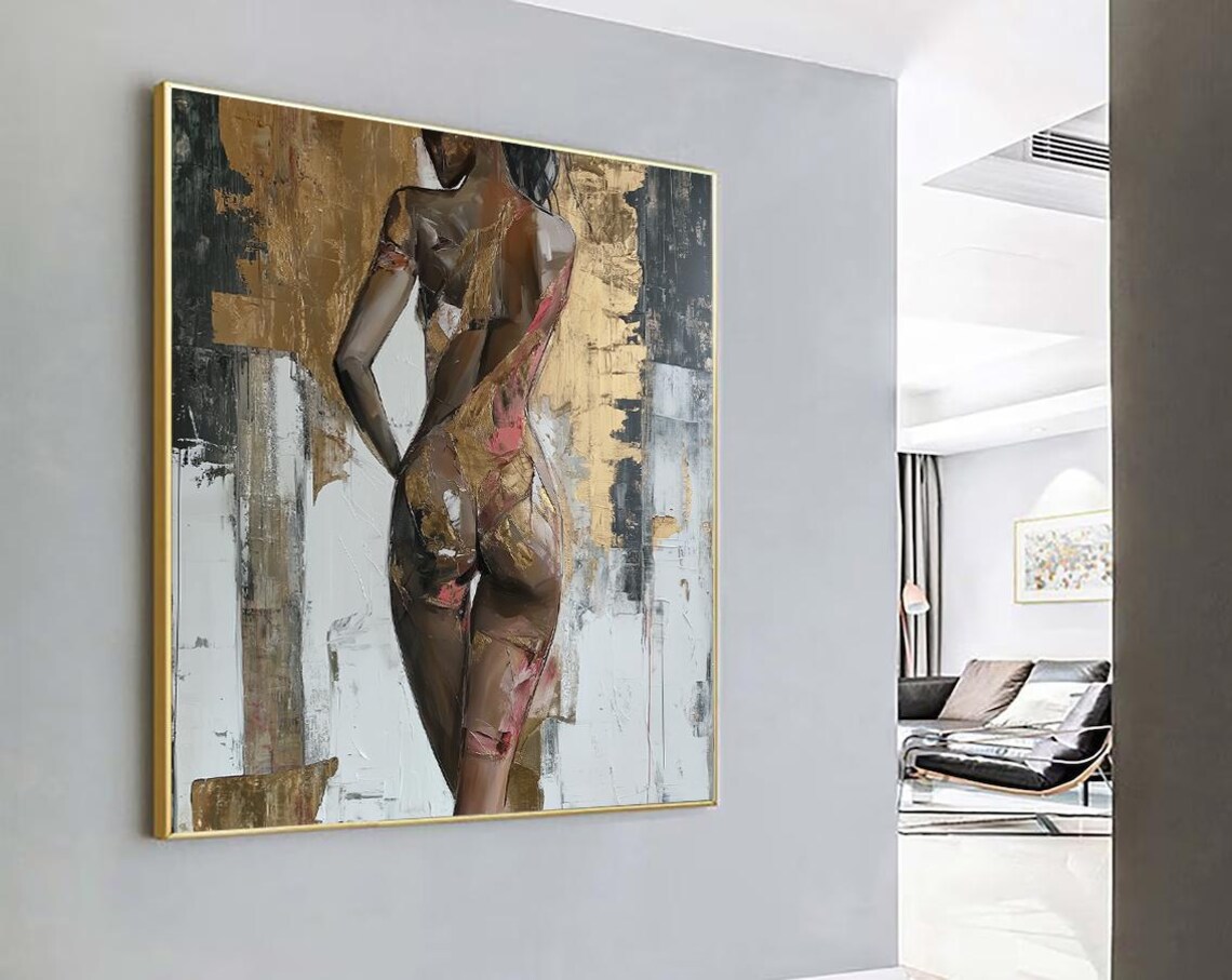 Nude Woman Back Figure Gold Abstract Modern Oil Painting Poster