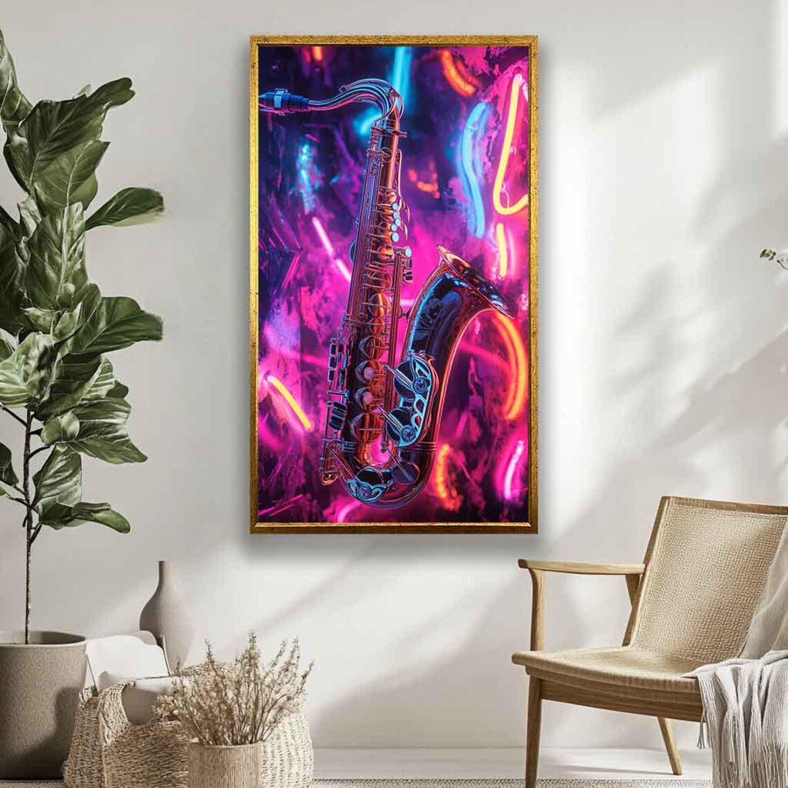 Neon Saxophone Glowing Over Pink Purple Graffiti Wall Poster
