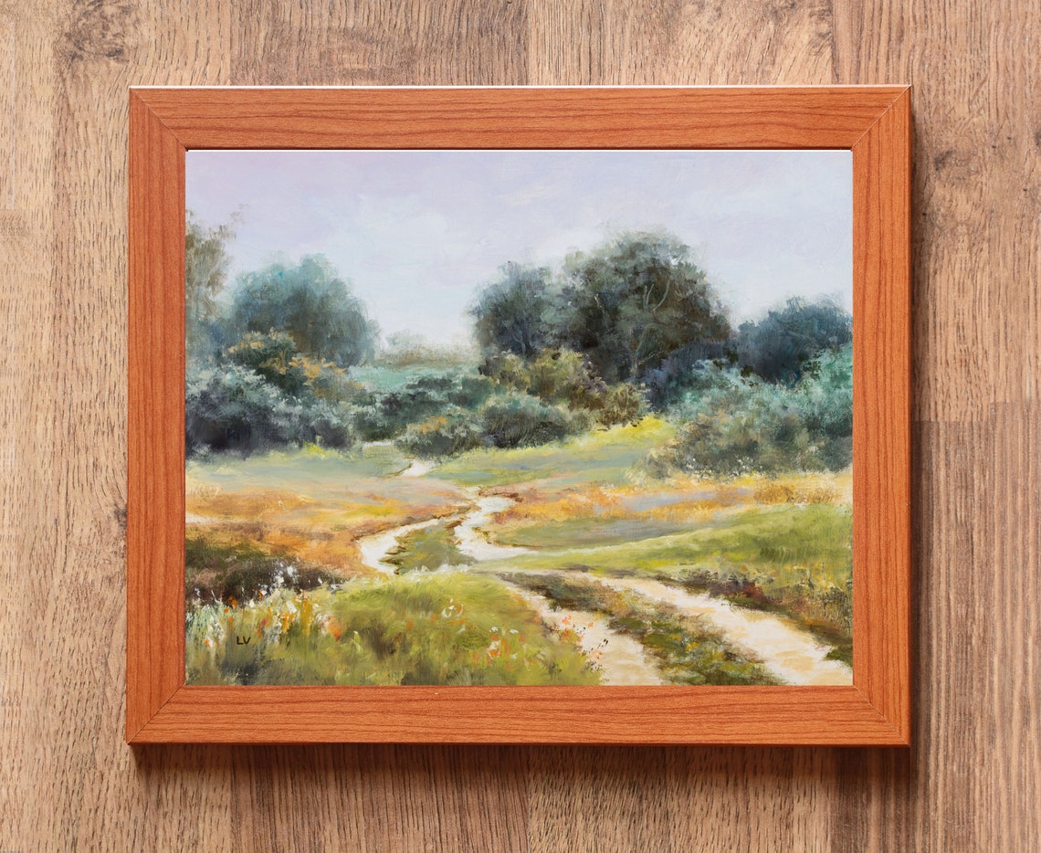 Sunlit Meadow Path Curving Gently Between Lush Green Trees Poster