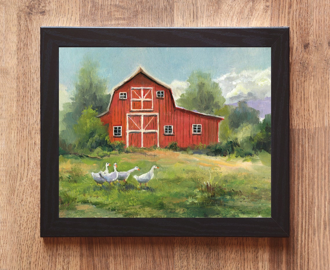 Classic Red Barn with White Geese Grazing in the Green Pasture Poster - Image 4