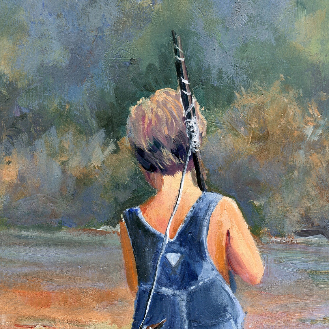 Boy in Denim Overalls Walking to the River with a Fishing Rod Poster - Image 5