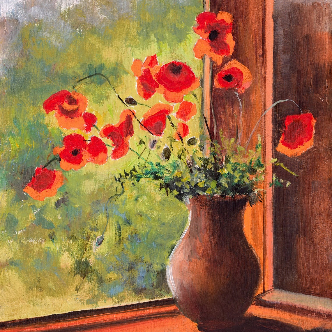 Fresh Red Poppies in a Clay Vase on a Sunny Windowsill Poster - Image 5