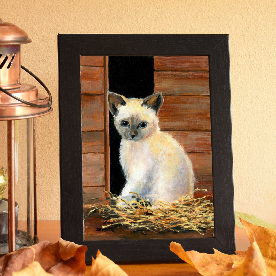 Cream Kitten with Blue Eyes Peeking from a Wooden Barn Door Poster - Image 6
