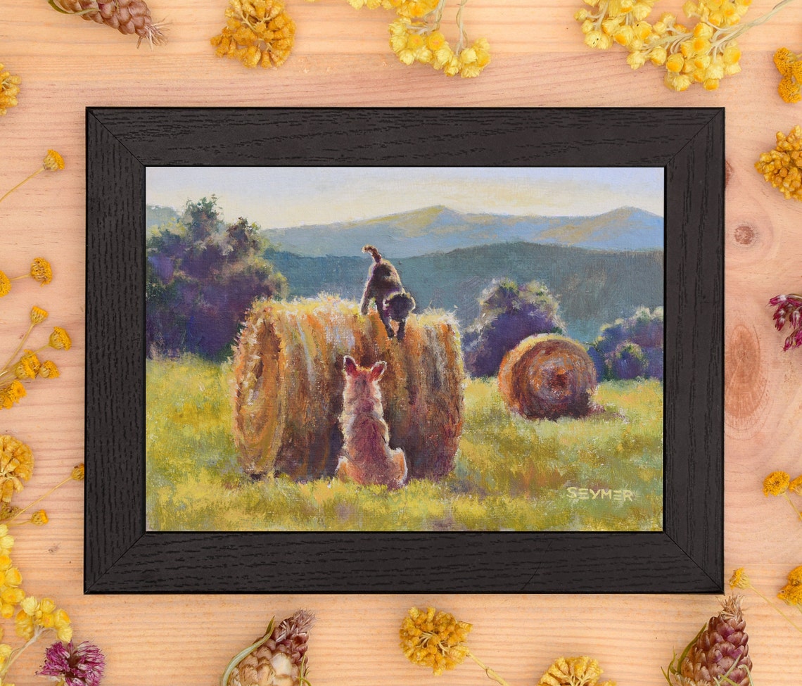 Two Playful Dogs Climbing on Hay Bales at Golden Hour Poster - Image 6