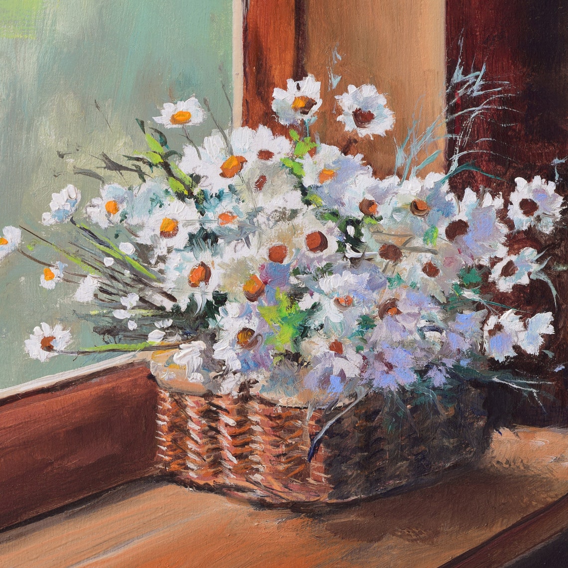 Woven Basket of White Daisies on a Rustic Wooden Table Poster - Image 2