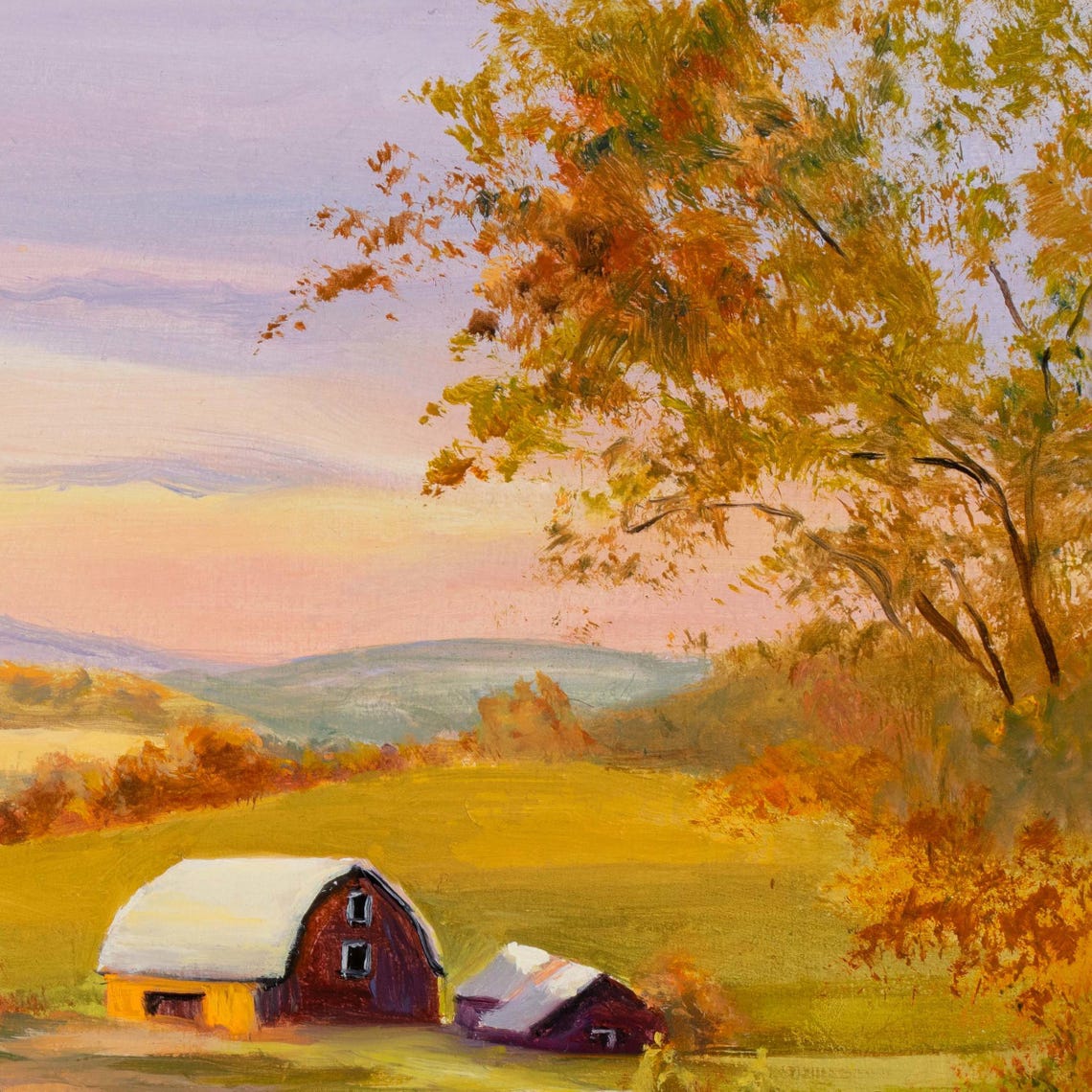 Autumn Farm with Red Barn at Sunset Oil Painting Farm Poster - Image 2
