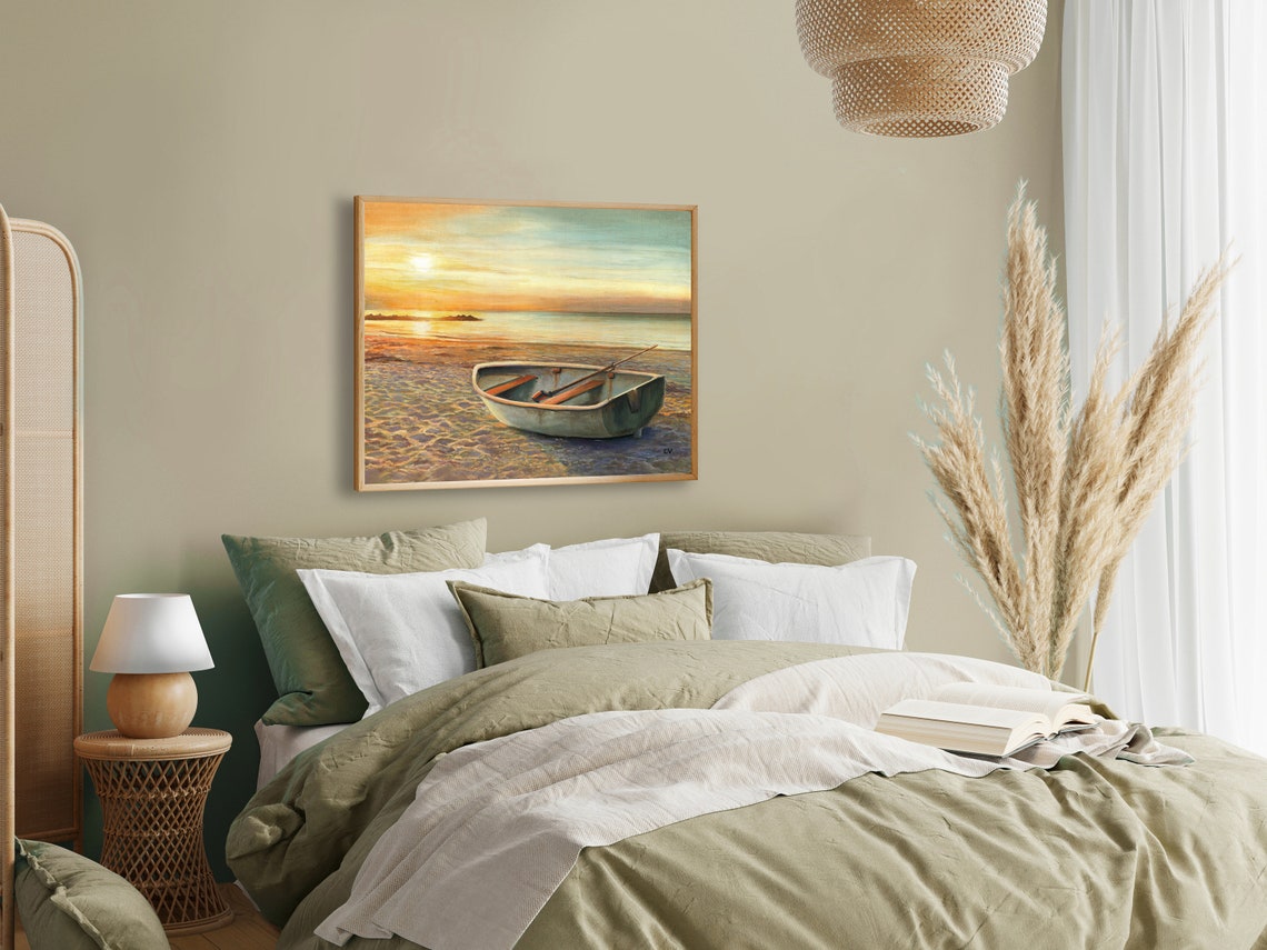 Rowboat On Shore At Sunset Beach Ocean Landscape Painting Poster - Image 3