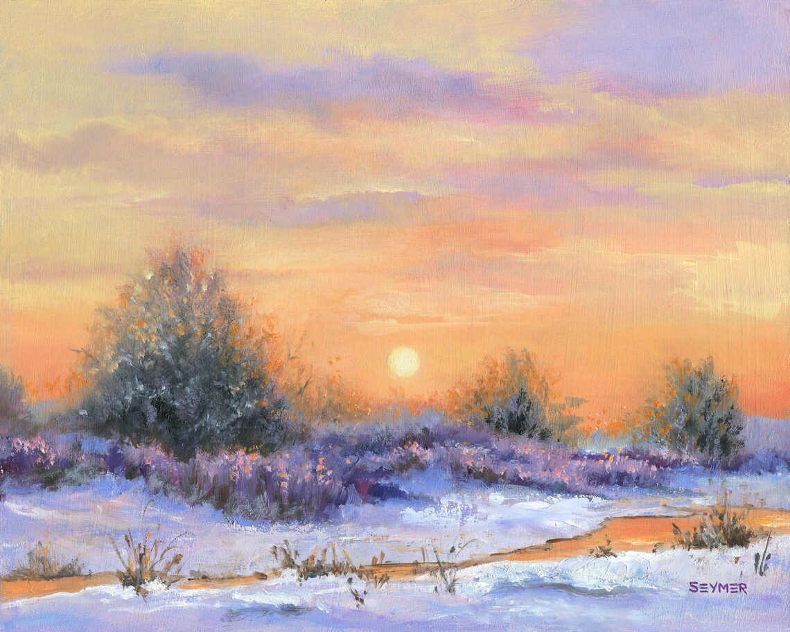 Snowy Winter Landscape Sunrise Oil Painting With Colorful Sky Poster - Image 6
