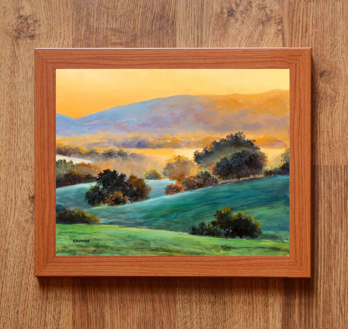 Misty Meadow Golden Sunrise Rolling Hills Country Trees Poster