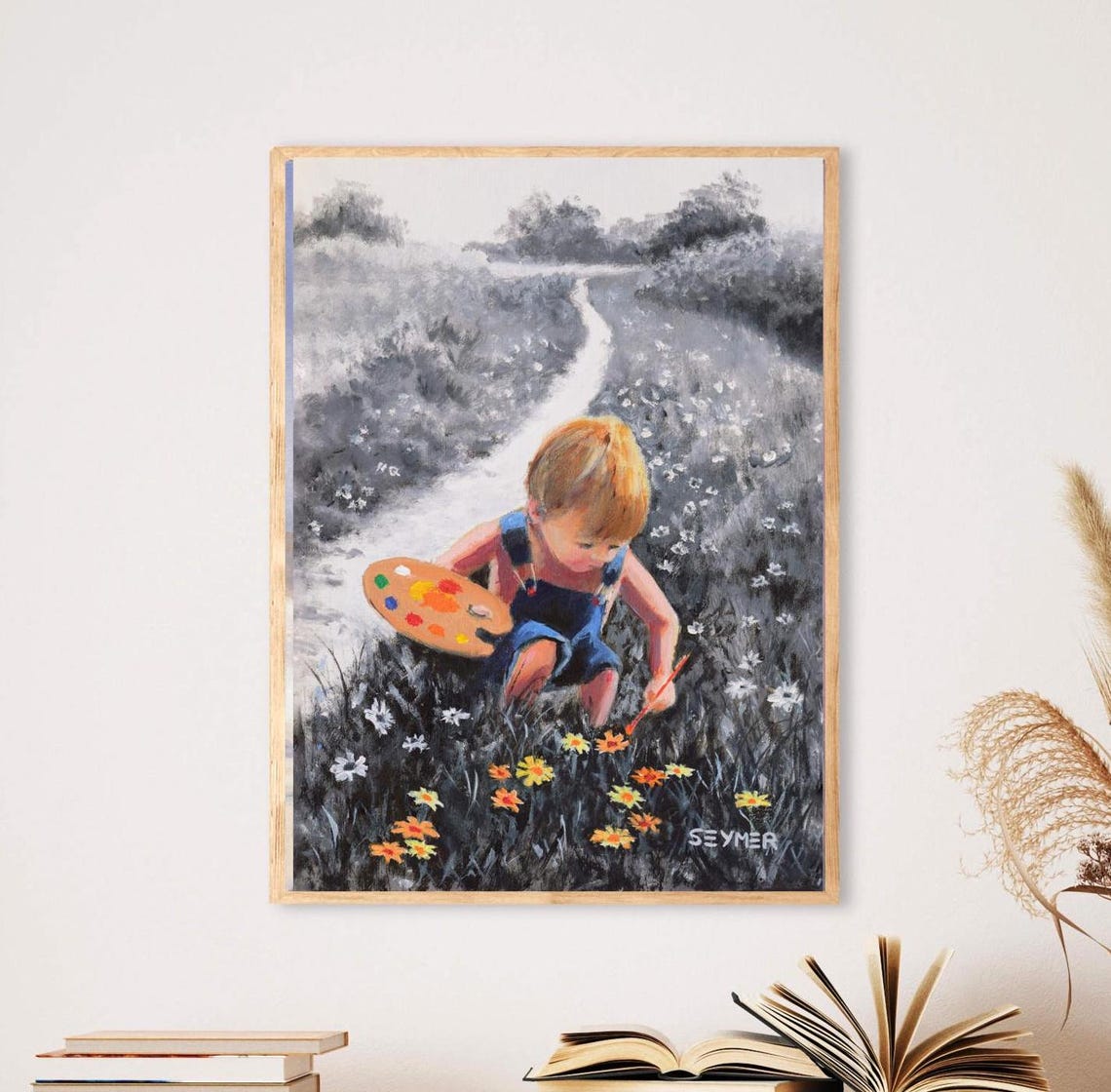 Happy Kids Painting Print Art Of Childhood Black And White Art Child Figurative Art Black And White Art Little Kids Playing Child Room Art