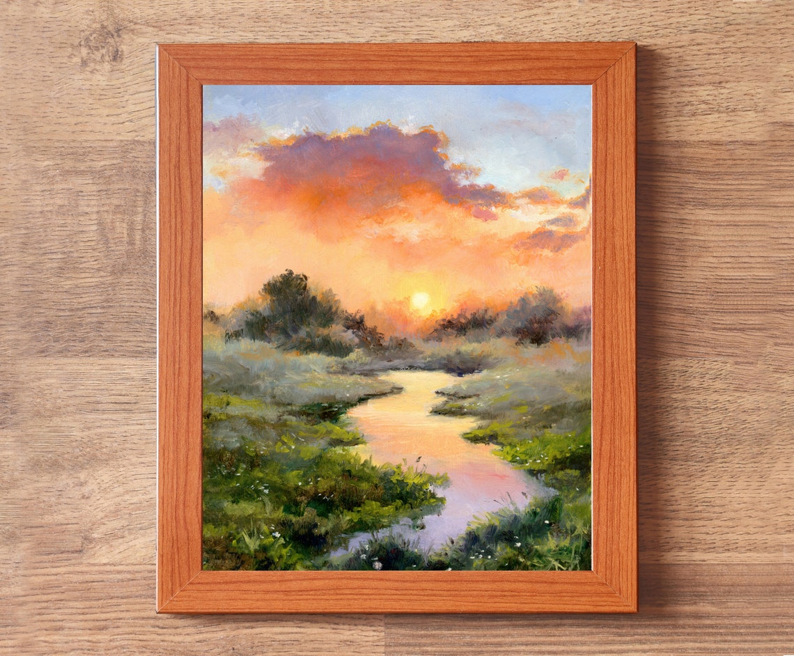 Misty River at Sunset with Golden Light Reflections Landscape Poster - Image 2
