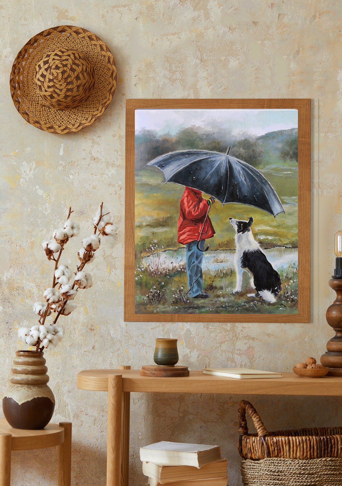 Boy Umbrella Border Collie Rainy Day Pond Field Oil Painting Poster - Image 4
