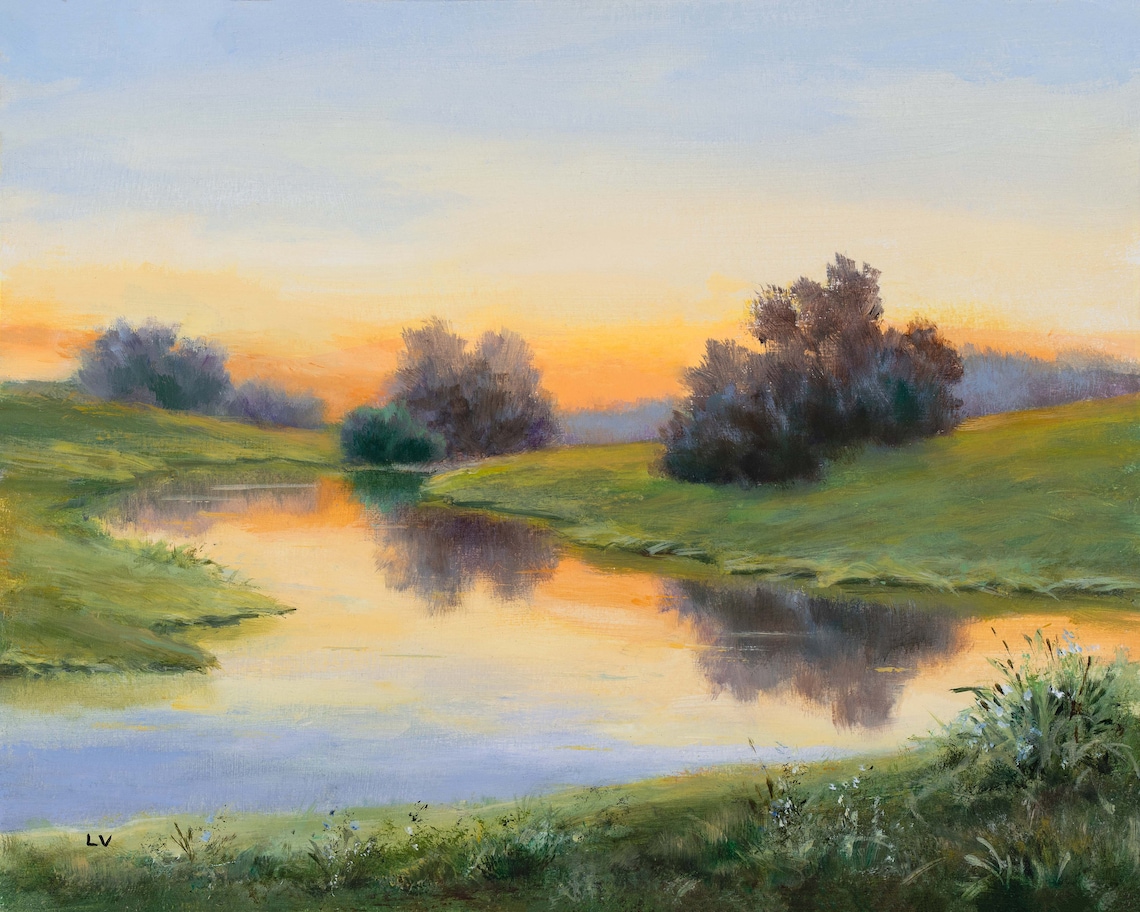Sunrise River Landscape Oil Painting Art Print