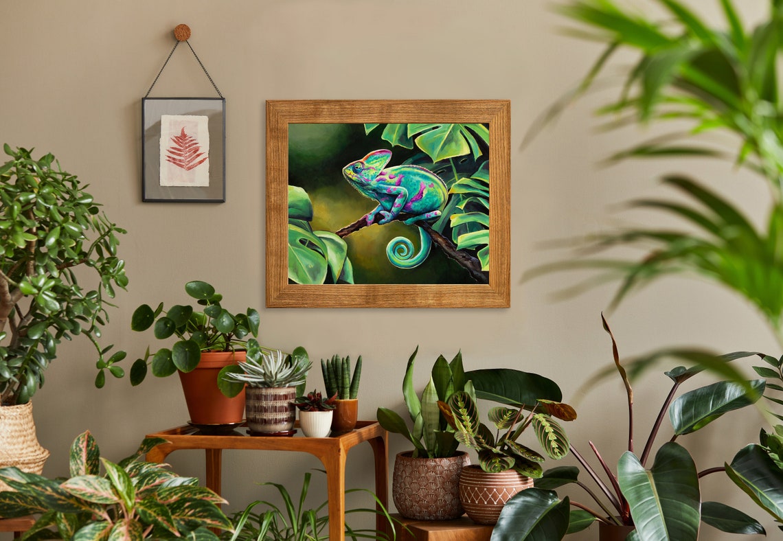 Colorful Chameleon on a Branch with Giant Monstera Leaves Poster - Image 4