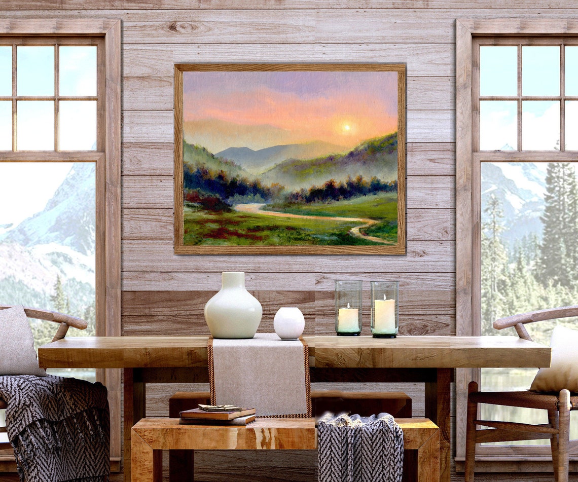 Misty Landscape Original Oil Painting Foggy Panoramic Scene Misty Mountains And Road Valley Art Hazy Nature Wall Art Foggy Forest Artwork - Image 3