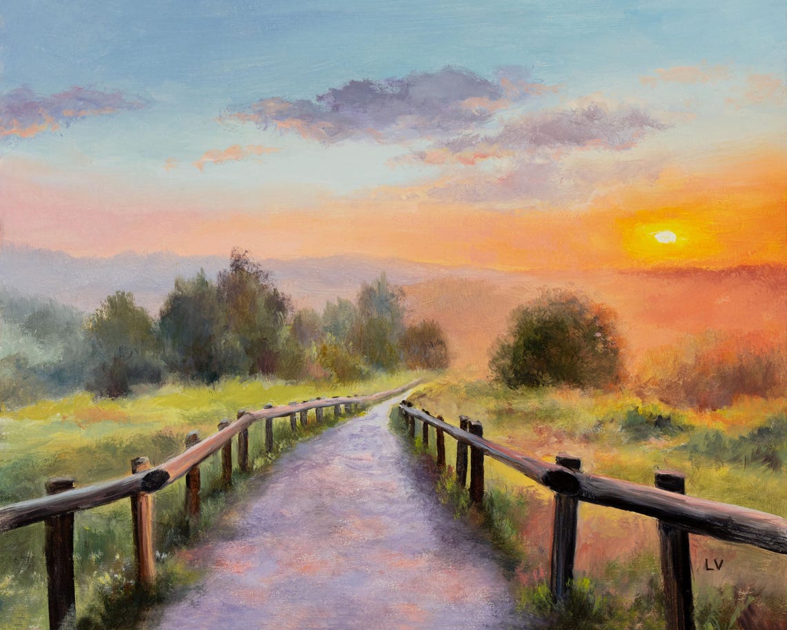 Relaxing Landscape Original Oil Painting Peaceful Sunset Art Country Road Wooden Fence Vibrant Sunshine Artwork Spring Framed Wall Art