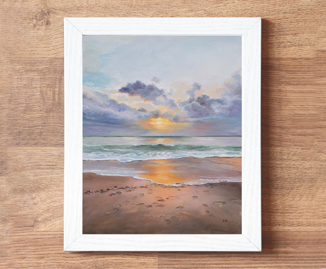 Quiet Beach Sunrise Sandy Shoreline Cloudy Morning Oil Painting Poster - Image 3