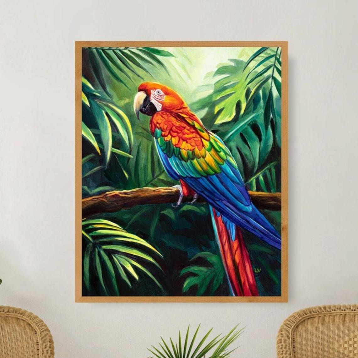 Scarlet Macaw Oil-Painting Art Print, Boho Eclectic