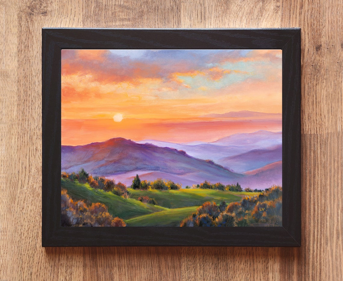 Colorful Landscape Original Painting Green Grassy Hills Sunshine Art Vibrant Mountains Lush Trees Large Wall Art Framed Country Home Gift - Image 6