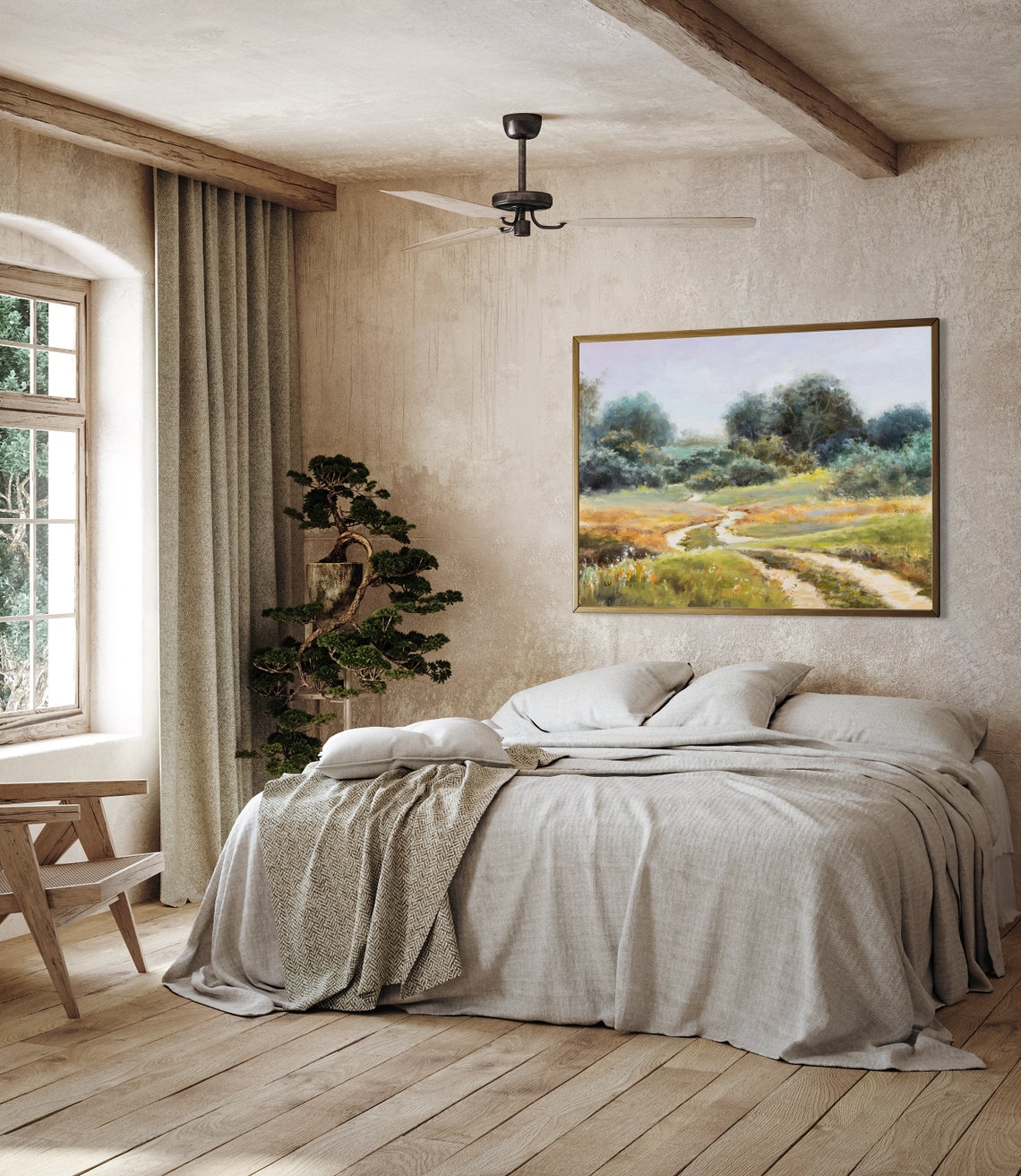 Soft Morning Countryside Meadow With A Winding Stream Path Poster - Image 2