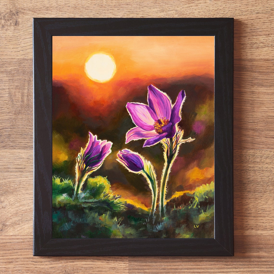 Pink Pasque Flower Backlit Sunset Meadow Floral Oil Painting Poster - Image 6