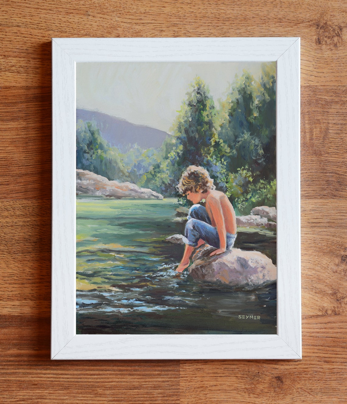River Landscape Painting With Kid Framed Children Original Painting Creek Landscape Art For Country House Wall Decor Summer Oil Painting - Image 5
