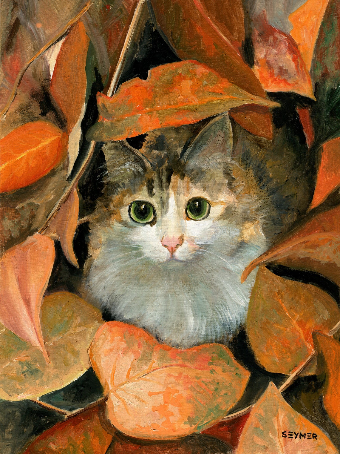 Calico Cat with Green Eyes Hiding among Autumn Leaves Poster