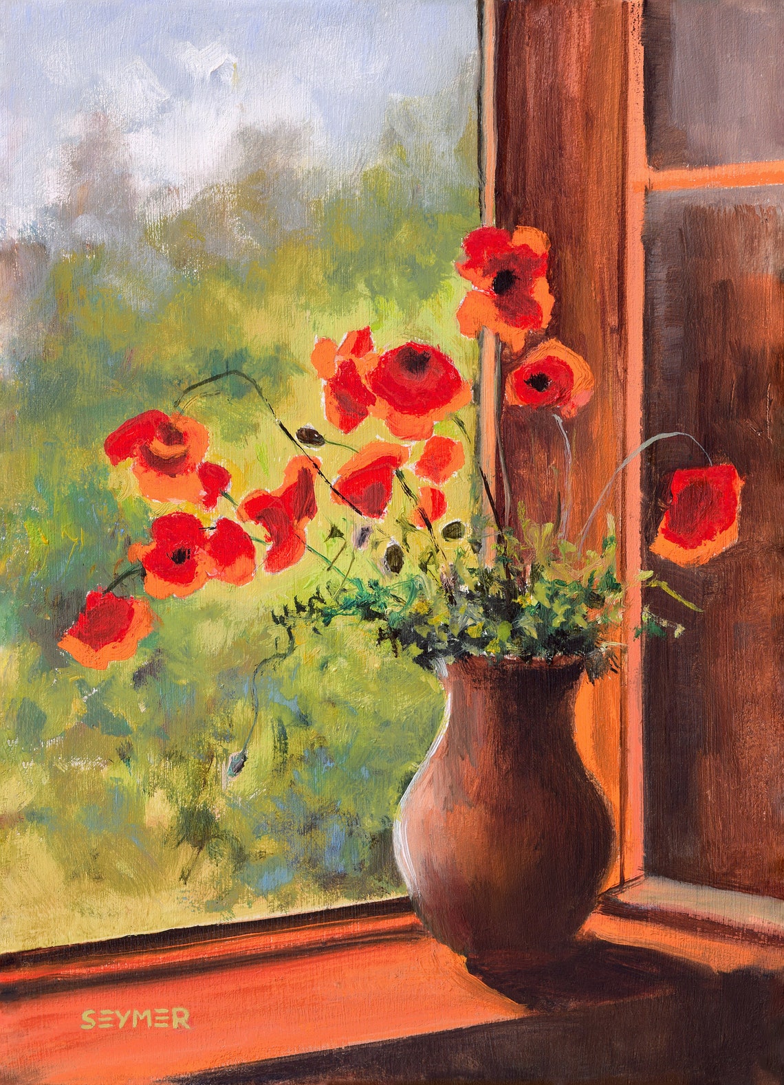 Fresh Red Poppies in a Clay Vase on a Sunny Windowsill Poster