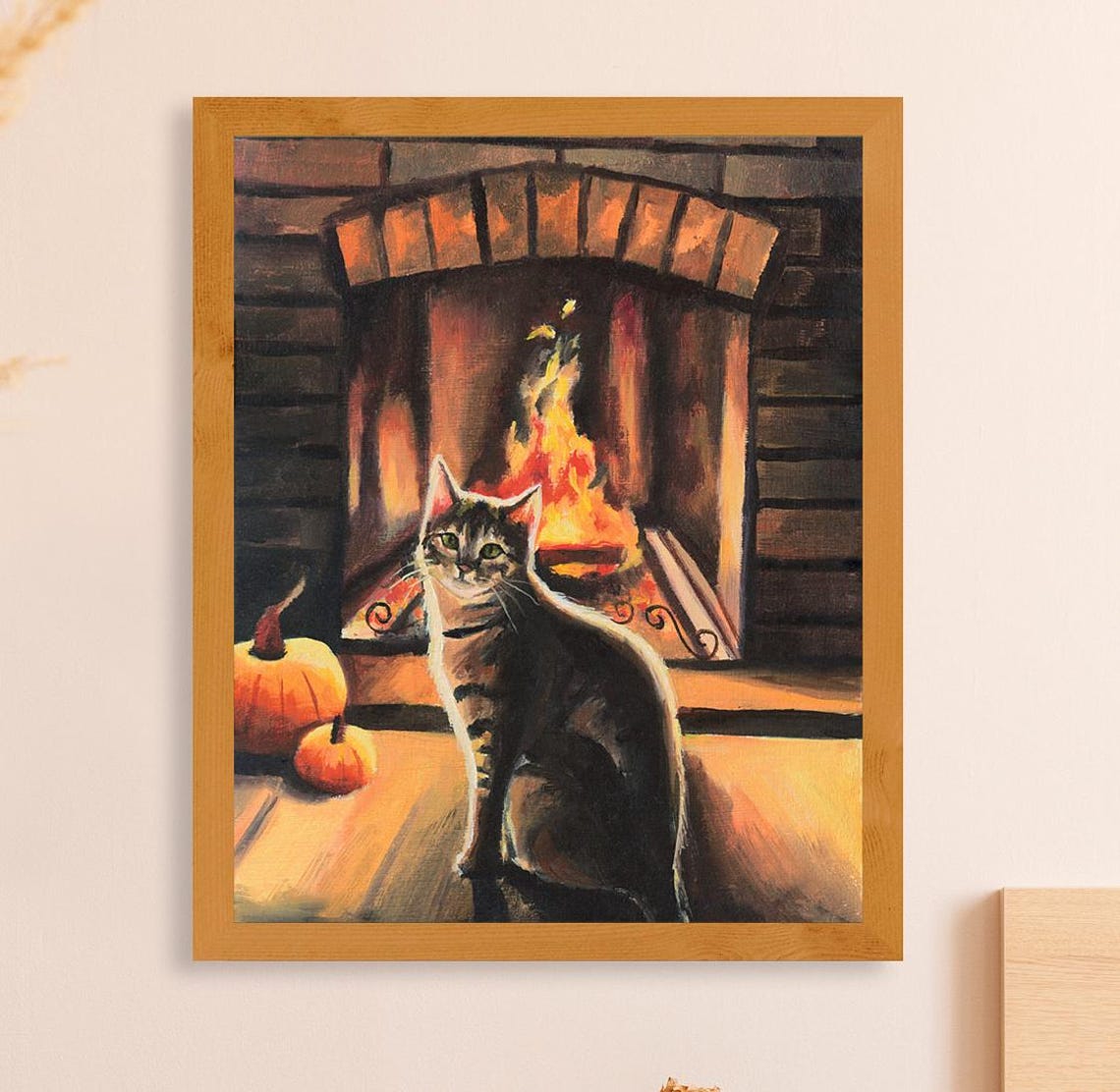 Tabby Cat By Fireplace Autumn Oil Painting With Pumpkins Poster
