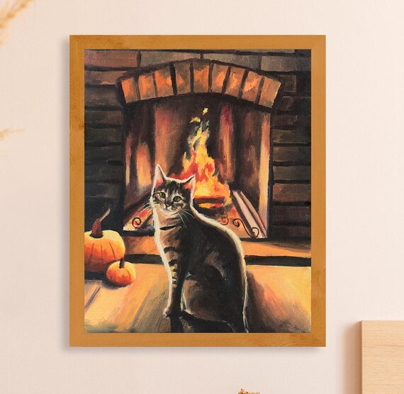 Tabby Cat By Fireplace Autumn Oil Painting With Pumpkins Poster