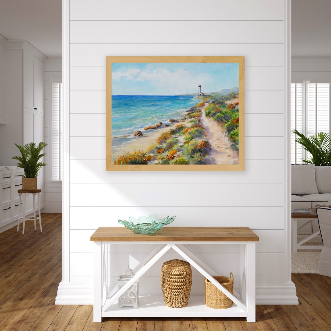Coastal Lighthouse Path Wildflowers Rocky Seashore Oil Painting Poster - Image 2